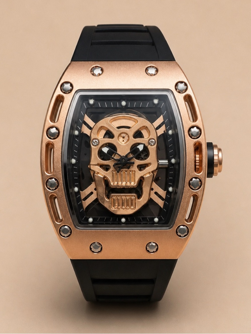 Rose Gold Skull Dial Watch with Black Rubber Strap